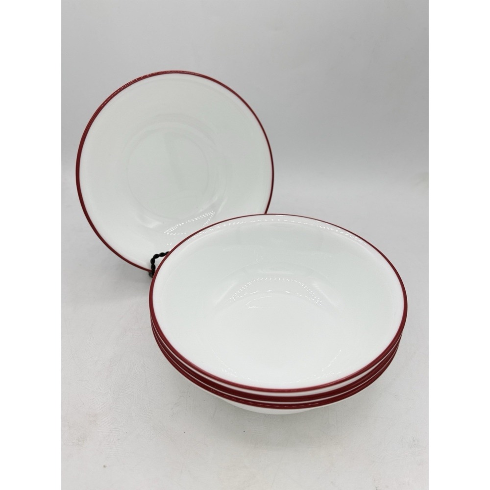 Corelle Vitrelle Bandhani Red Rim Cereal Soup Bowls 6.25" 18oz White Set of 4